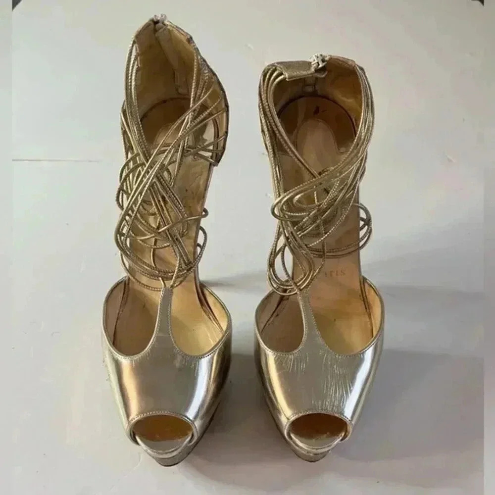 Christian Louboutin Lady Peep Gold Glitter Platform Heels Women’s EU 36 - Picture 2 of 15
